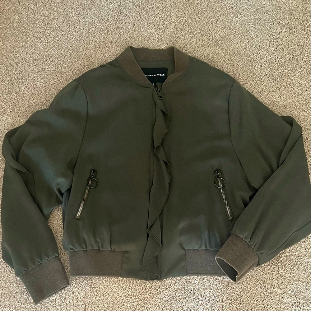 Who What Wear olive green ruffle bomber jacket size small